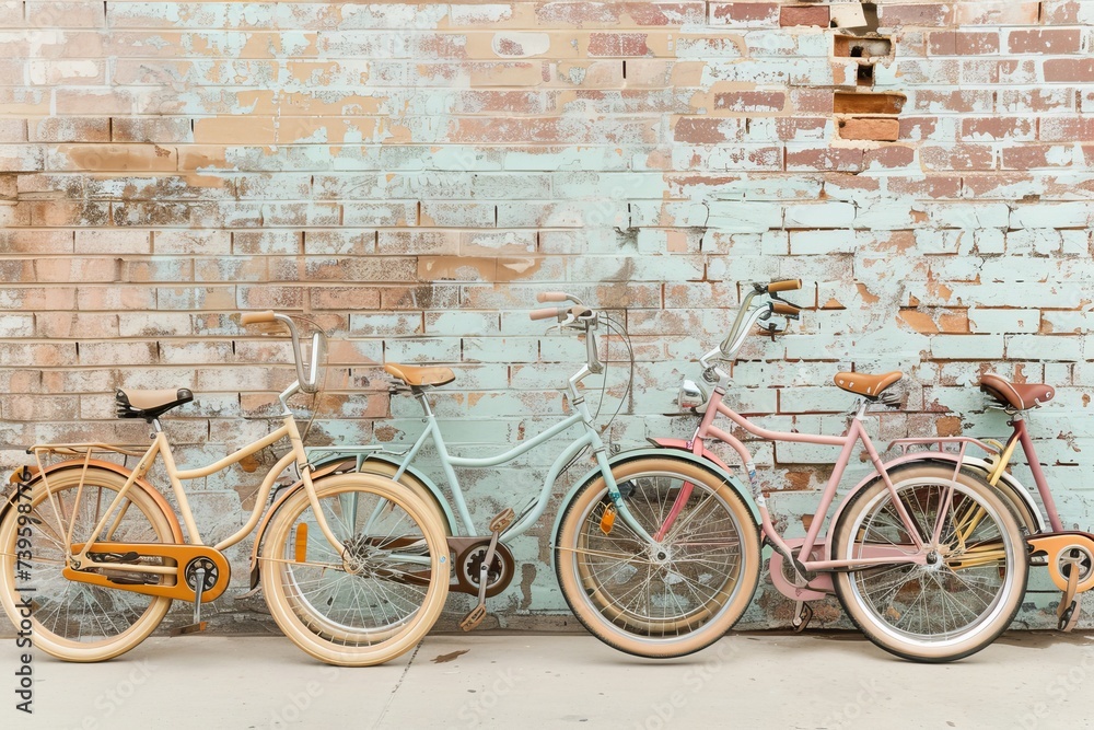 A row of pastel colored bicycles lined up against a brick wall.