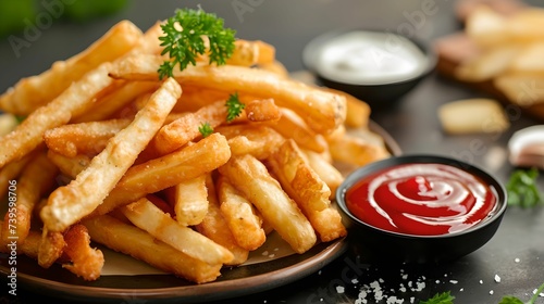 Tasty Fried Potato Sticks with Ketchup and Mayo, fast food, snack, delicious, dipping photo