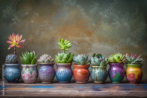 A row of potted succulents in various colorful ceramic plant pots enhancing the space.