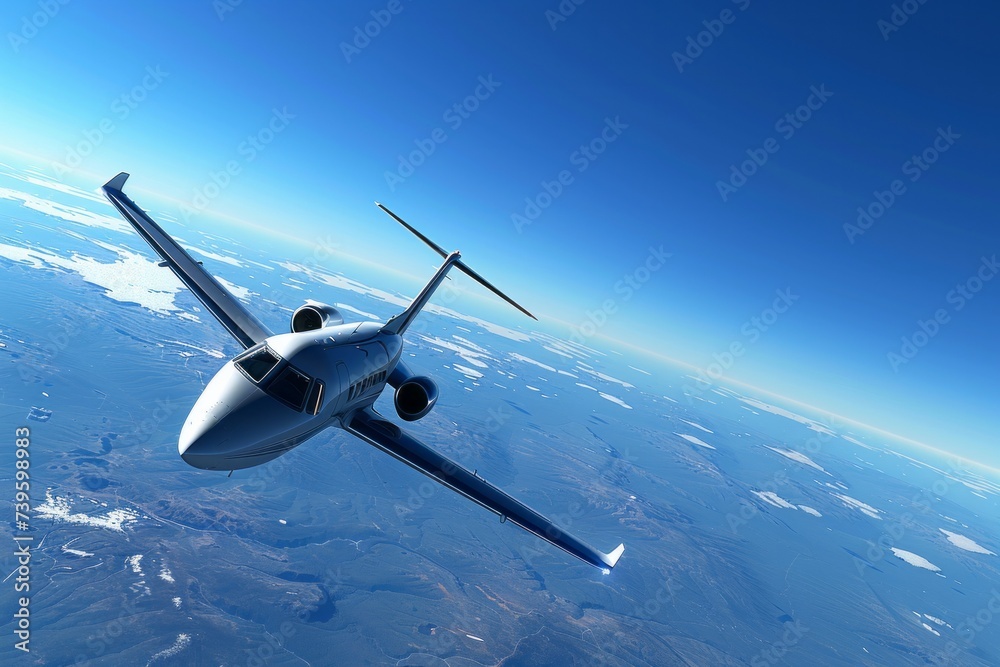 Fototapeta premium A sleek business jet soaring through the sky above a wide body of water.