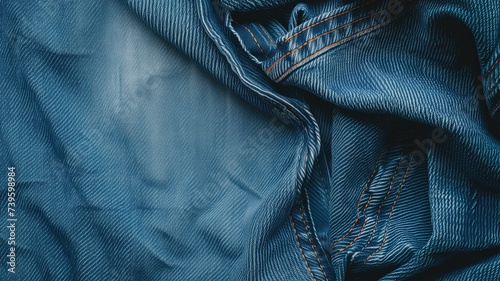 Textured blue denim fabric with visible weave and orange stitching photo
