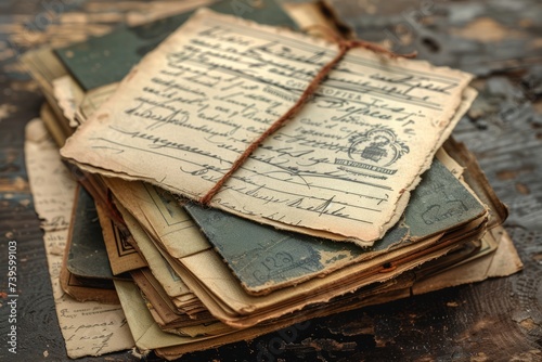 A stack of vintage postcards from around the world sitting on top of a wooden table.