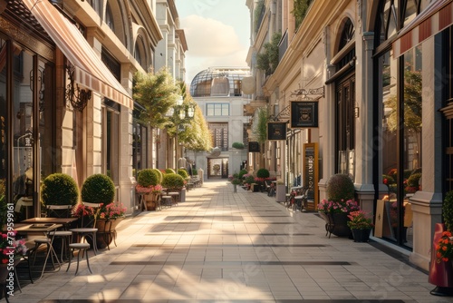 A vibrant city street adorned with tables and chairs, creating a stylish outdoor setting for diners and shoppers.