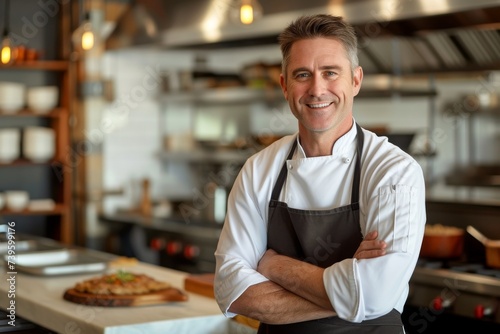 Smiling male chef arms crossed in kitchen