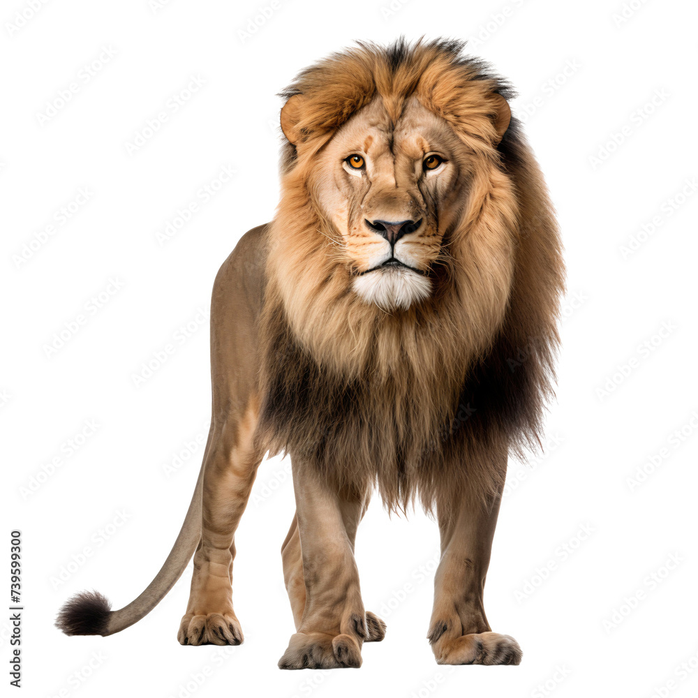 Portrait of a lion standing, front view, isolated on transparent background