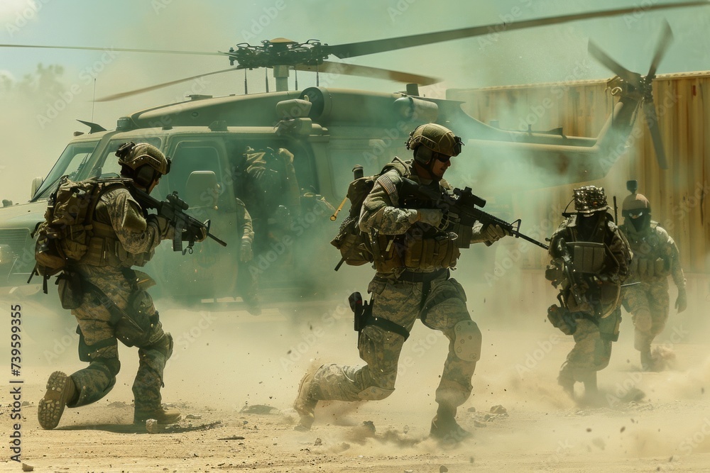 A group of VetalVit hostage rescue specialists coordinate a precision maneuver as they run in front of a helicopter.