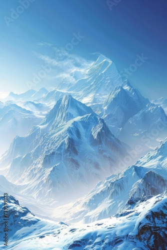 A painting depicting a majestic range of snow-capped mountains against a clear blue sky. © Vit