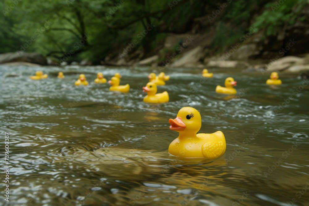 Little yellow rubber duck bath toy floating on river Little yellow rubber duck bath toy floating on river