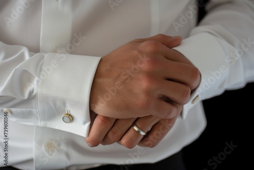 Man wearing white shirt fastens cufflinks onto sleeves