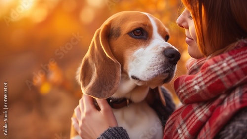 Woman hugging a beagle in autumn light © Татьяна Макарова