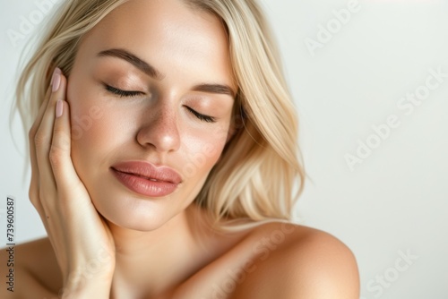 Gorgeous blonde woman with flawless skin caressing face Spa concept White background