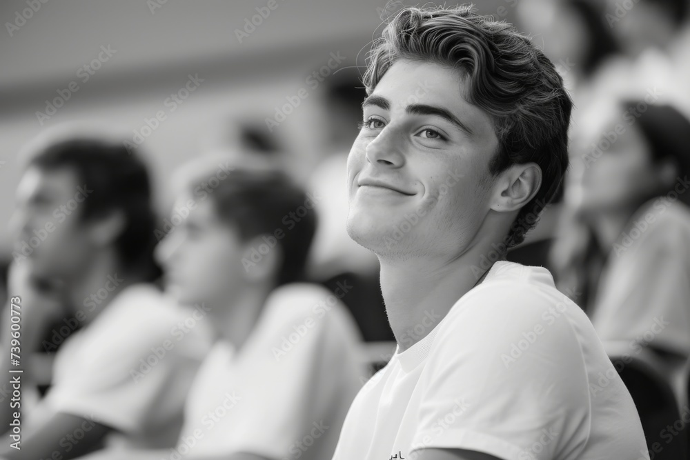 Obraz premium Male student smiling during a lecture in a university classroom