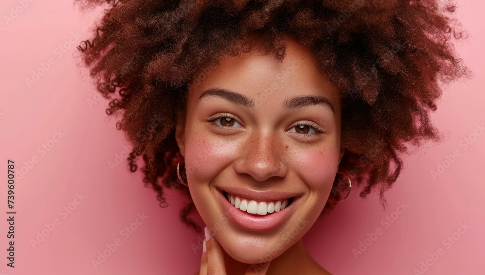Happy woman with curly hair glowing hair white teeth and clean skin against pink background representing haircare and beauty Happy woman with curly hair glowing hair white teeth and clean skin against pink background representing haircare and beauty