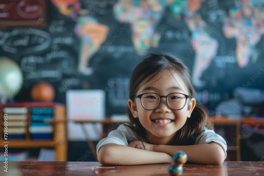 Smiling Asian student studying happily in classroom gazes at the camera Smiling Asian student studying happily in classroom gazes at the camera