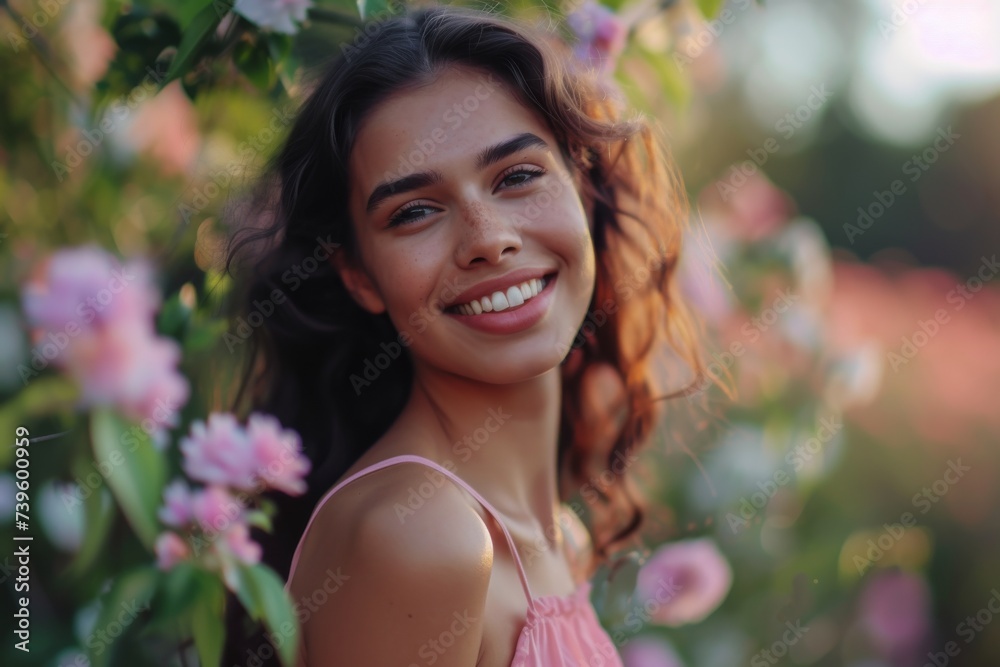 Portrait of a happy young woman in a pink dress smiling confidently with blurred nature in the background Displaying positive emotions and a positi Portrait of a happy young woman in a pink dress smiling confidently with blurred nature in the background Displaying positive emotions and a positi