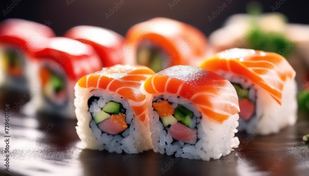 Fresh salmon sushi rolls on elegant dark background Fresh salmon sushi rolls on elegant dark background
