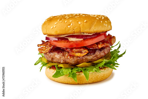 Big juicy hamburger with beef patty and bacon on white
