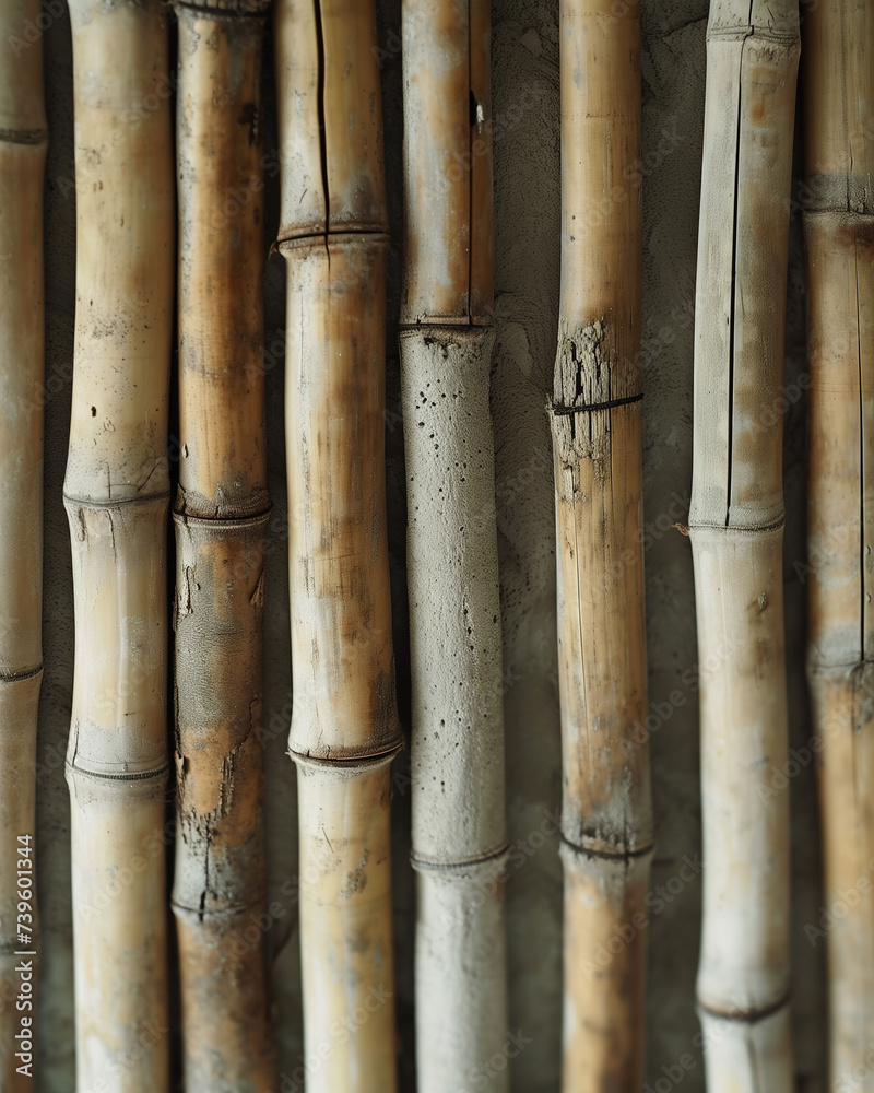 A close-up of several weathered bamboo poles standing upright in close proximity to one another A close-up of several weathered bamboo poles standing upright in close proximity to one another