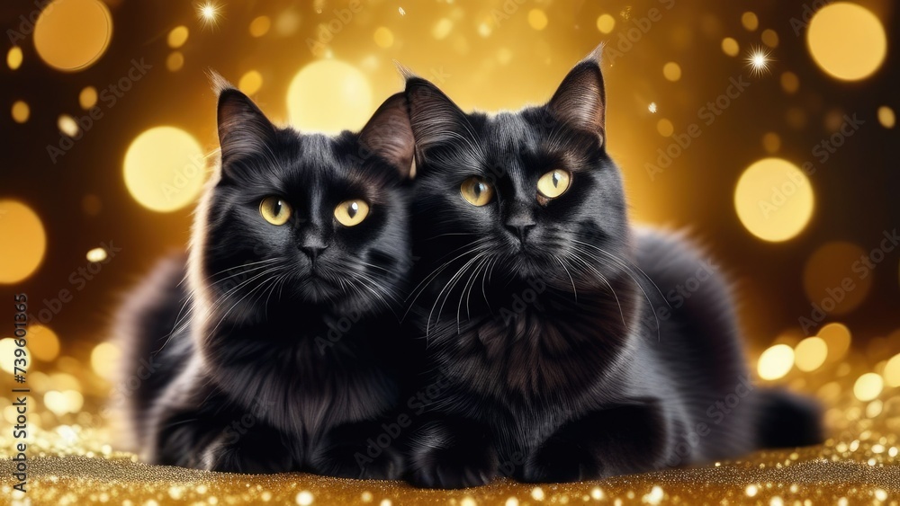 Two black cats on a gold background .Valentine's Day. Holiday.Pet shop business concept