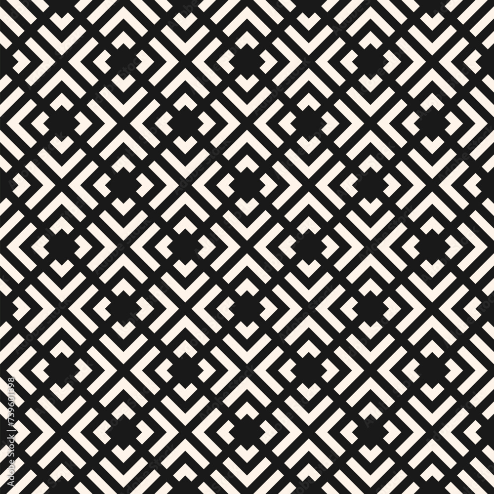 Fototapeta premium Vector monochrome seamless pattern with lines, squares, rhombuses, arrows, grid, net, lattice, mesh, tiles. Abstract geometric texture. Simple black and white modern repeated geometrical background
