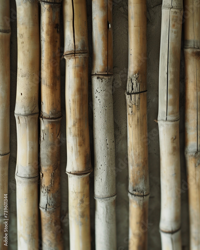 A close-up of several weathered bamboo poles standing upright in close proximity to one another