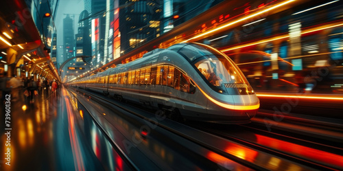 A sleek highspeed train is shown zooming through a futuristic city with passengers comfortably making contactless payments using their smart devices. This image highlights
