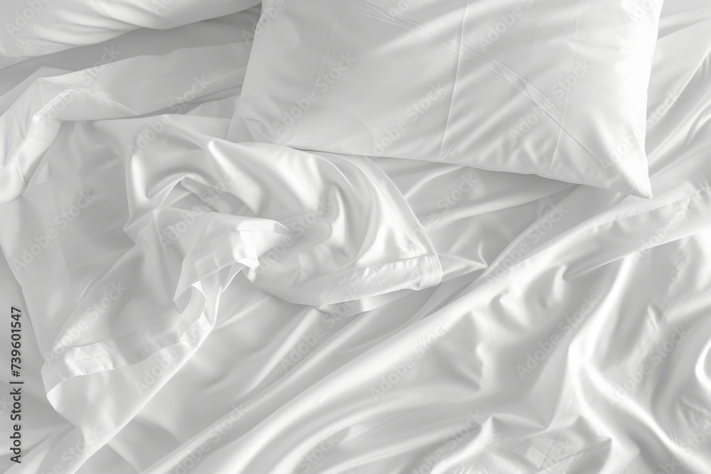 Fototapeta premium Messy bed idea with rumpled white sheets and pillow