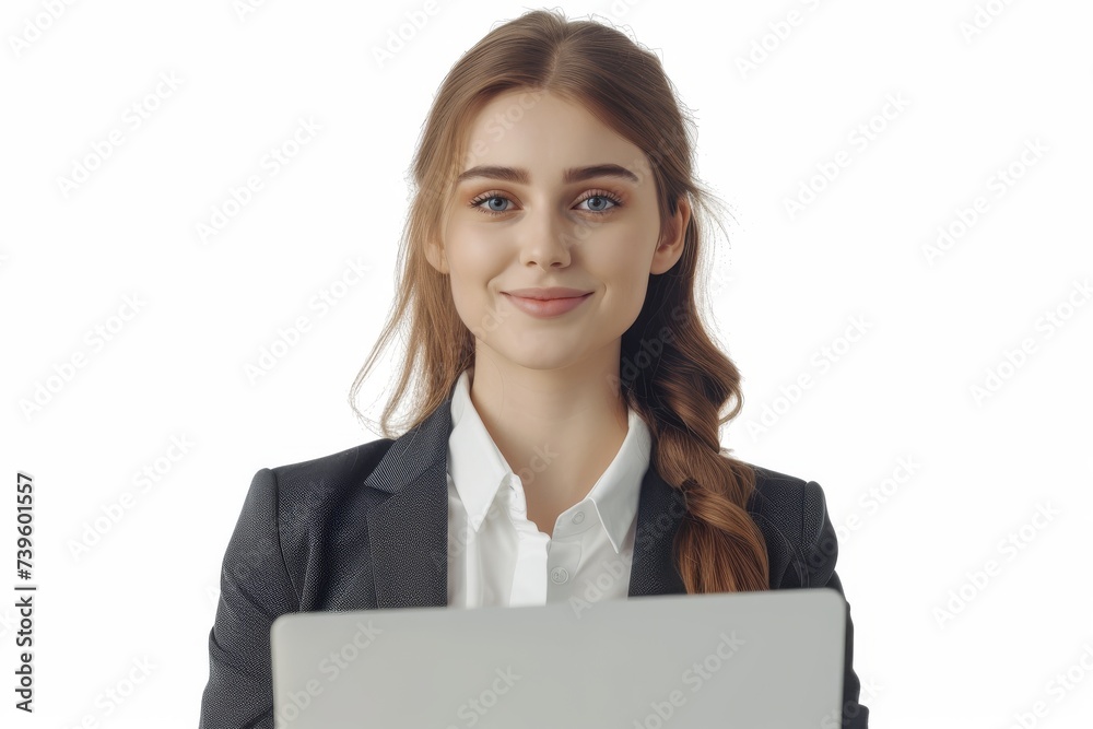 Smiling white businesswoman using laptop for remote education and work watching webinars online isolated in white Smiling white businesswoman using laptop for remote education and work watching webinars online isolated in white