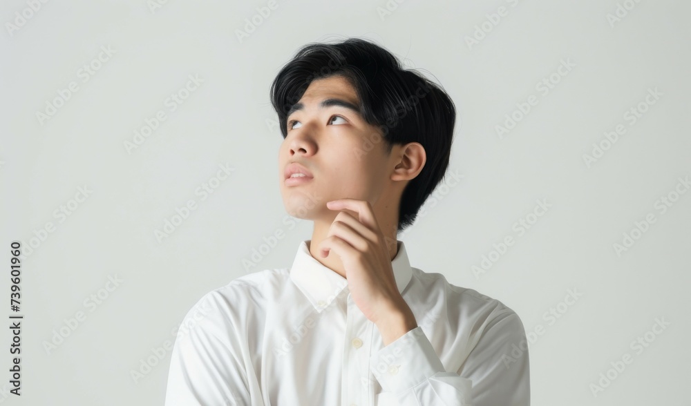 Pensive Asian man pondering considering uncertain standing hesitantly Pensive Asian man pondering considering uncertain standing hesitantly