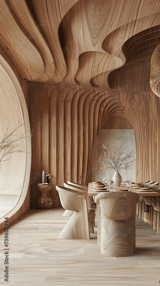 a futuristic dining area in a natural wood building with dining chairs and a table 