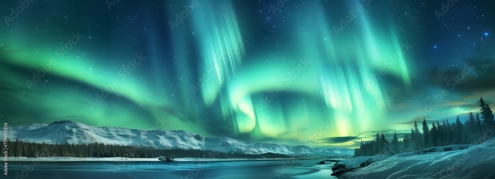 Beautiful Sky with Aurora and Stars. Blue Northern Lights Wallpaper with copy-space v5