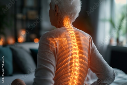 Digital composite of highlighted spine of senior man with back pain at home © Тамара Печеная