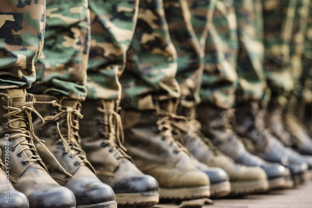 Army boots of soldiers in a row, low photo in line on the day of the ...