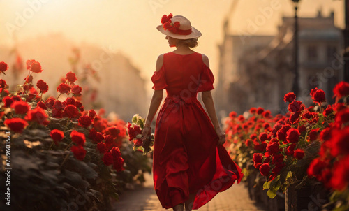 old fashion lady in red dress with flowers bouquette in the sunglusses walking in the strret, silhouette . Perfect composition, beautiful detailed , 8k photography, photorealistic , soft natural perfe photo