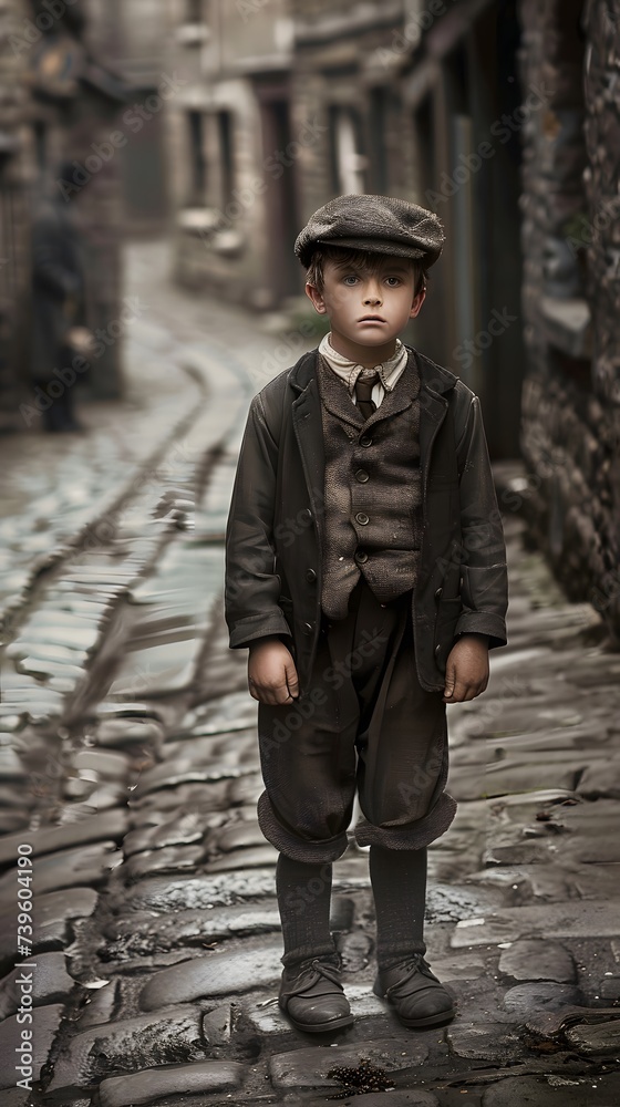 boy standing up in middle of cobbled road, in the 1800s boy standing up in middle of cobbled road, in the 1800s