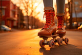 Unrecognizable girl returning home at sunset skating on rollerskates. Generative AI