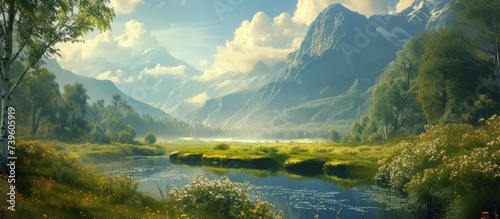Serene river flowing through lush forest with majestic mountains in the distant background
