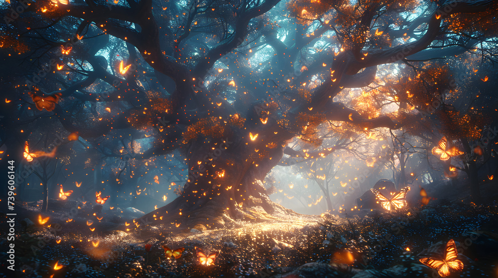 Obraz premium A mystical forest with ancient trees, colorful butterflies, and a hidden castle.