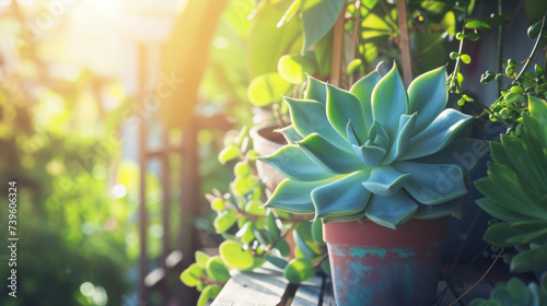 A vibrant green succulent plant with thick y leaves sits atop a wooden shelf on a balcony soaking up the warm rays of sunlight. In the background a tangle of vines and other photo