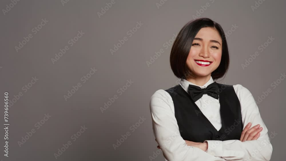 Asian woman hotel concierge wearing elegant uniform with bow, working in hospitality industry as a receptionist. Reception desk administrator greeting clients, grey background. Camera B. Asian woman hotel concierge wearing elegant uniform with bow, working in hospitality industry as a receptionist. Reception desk administrator greeting clients, grey background. Camera B.