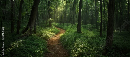 Serenity Path through Dense Lush Forest Trees Nature Landscape Scene