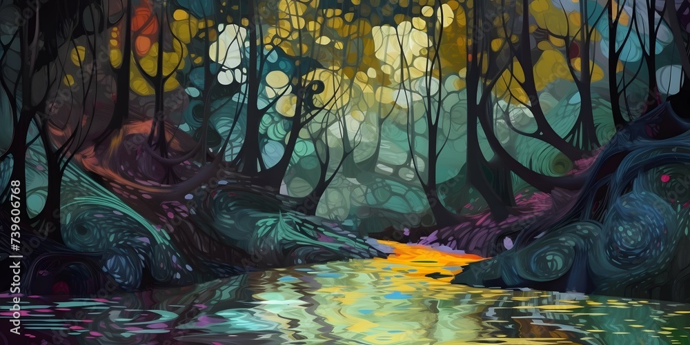 Beautiful dramatic colorful rainy dark fantasy forest with river, Medieval in the art style of Gustav Klimt