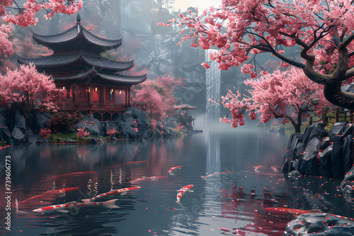 A tranquil Japanese garden with a serene koi pond, cherry blossom trees, and a traditional tea house.