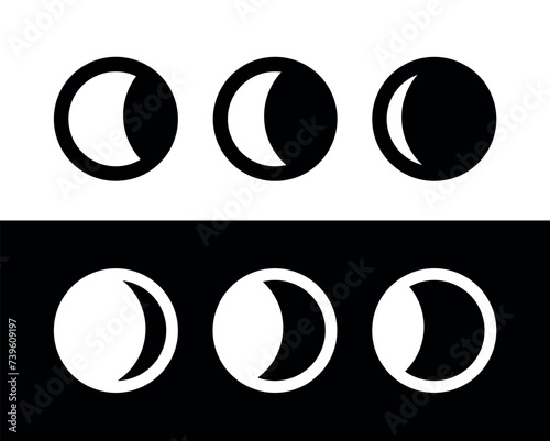 Set of moon or crescent icons. Moon phases, symbol of space and night. Earth satellite with different sun illumination.