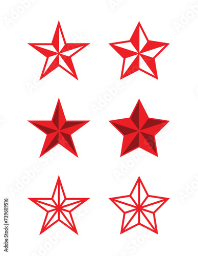 Red star icon. Symbol of the Red Army, military rank on shoulder straps or police. Heraldic sign, five-pointed three-dimensional star.