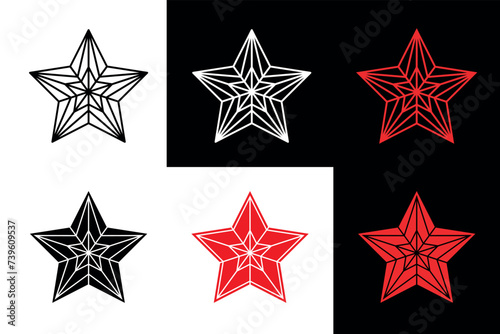 Red star icon. Symbol of the Red Army, military rank on shoulder straps or police. Heraldic sign, five-pointed three-dimensional star.