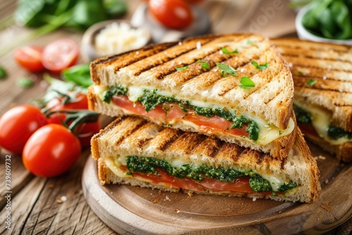 Italian Caprese sandwiches with fresh tomatoes, mozzarella cheese and basil photo