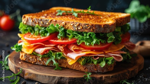 Pressed and toasted double panini with ham and cheese served on sandwich paper on a wooden table