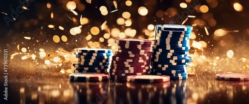 Stacked poker chips amidst a sparkling, golden bokeh background.