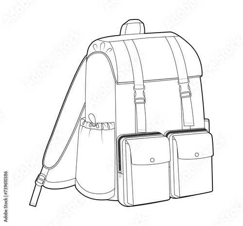 Explorer backpack silhouette bag. Fashion accessory technical illustration. Vector schoolbag 3-4 view for Men, women, unisex style, flat handbag CAD mockup sketch outline isolated